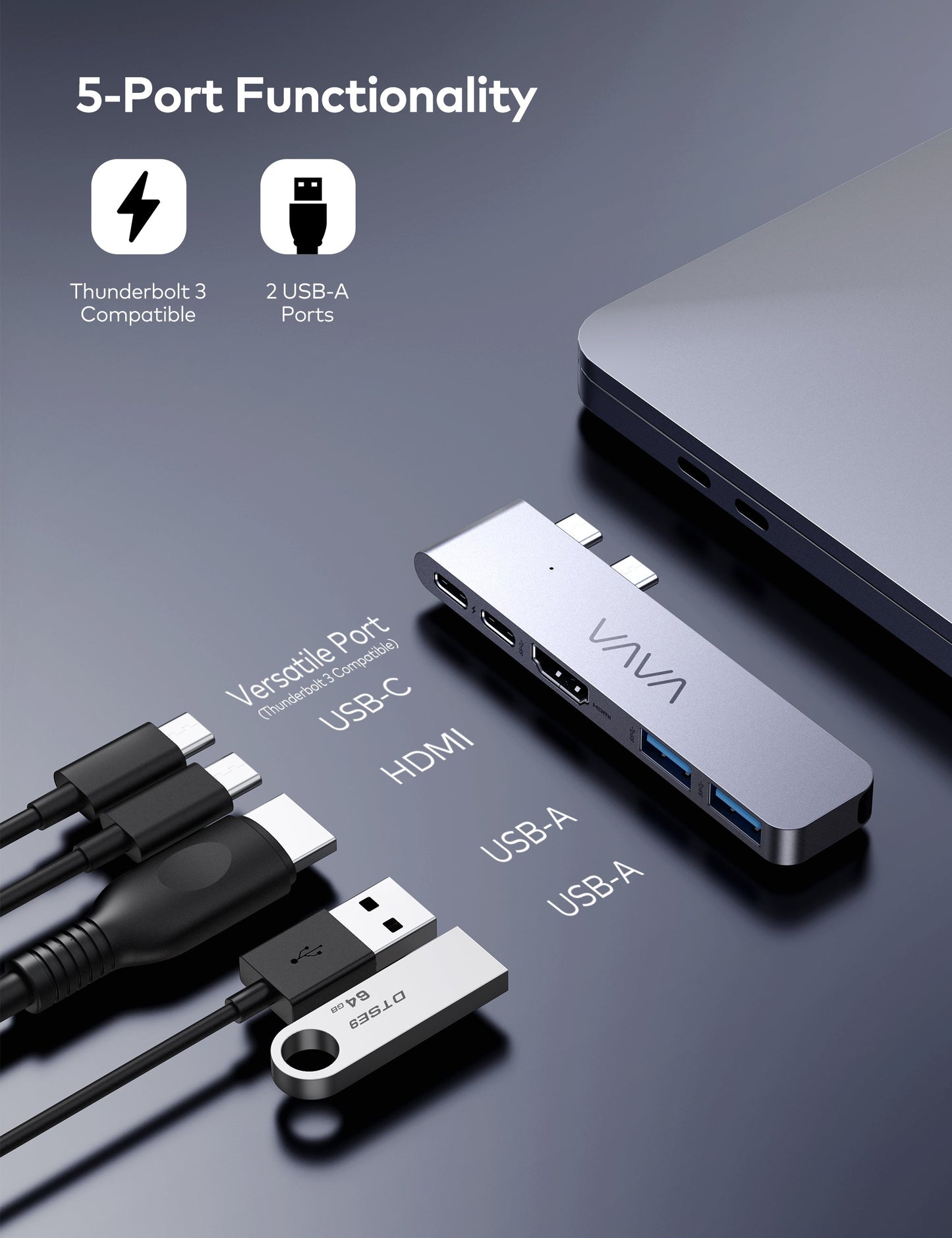 VAVA 5-Port USB-C Hub (Thunderbolt 3, USB-C, 2 USB-A, HDMI) for MacBook Pro/Air with Dual-Monitor Adapter 5K 60Hz Display HDMI Video Output VA-UC019