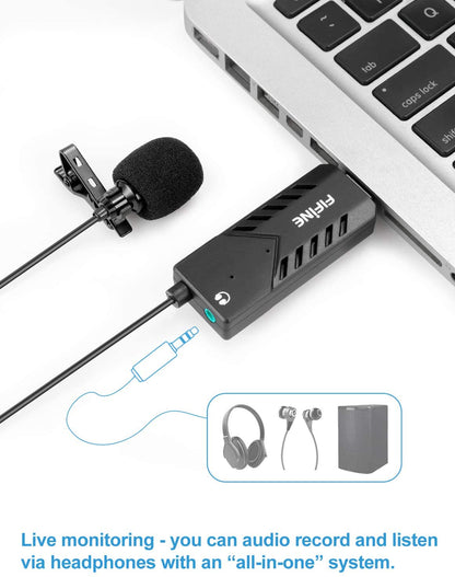 [CLEARANCE] Fifine K053 USB Lavalier Lapel Microphone Clip-on Cardioid Condenser Computer mic Plug and Play USB Microphone with Sound Card for PC and Mac