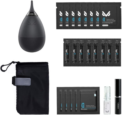[CLEARANCE] VSGO VS-A2E Professional Lens Cleaning Kit VS-A2E with Filter Air Blower Folding Pouch Microfiber Lens Cloth Wet Wipes Lens Cleaner Metal Brush Cotton Swab for Optical Camera Lens Phone Laptop Cleaning