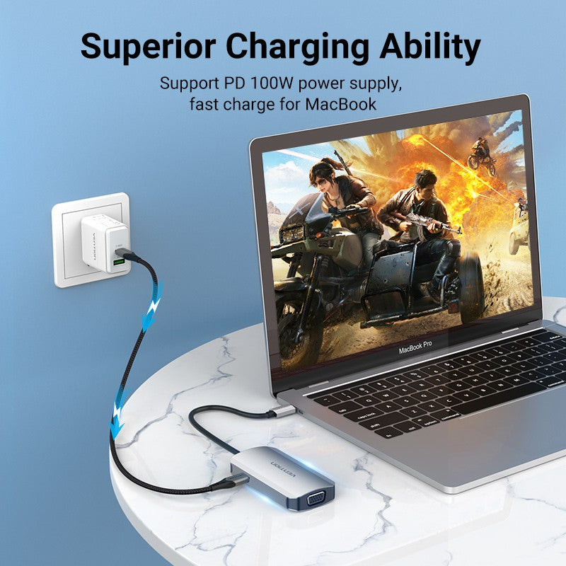 Vention 4 in 1 USB C Hub (USB 3.0, HDMI, VGA, PD 100W) Aluminum Type Docking Station Converter 5Gbps 4K/30Hz (TOAHB)