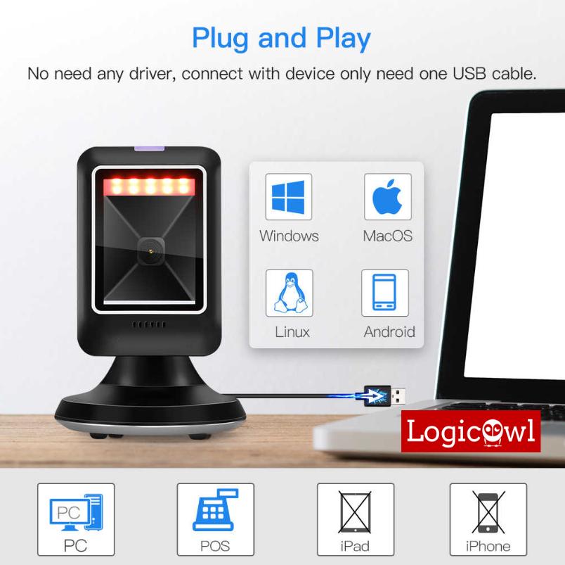 LogicOwl OJ-MP6300 1D 2D QR Desktop Barcode Platform Scanner USB Wired Barcode Reader for PC, Windows, Mac, Android, POS