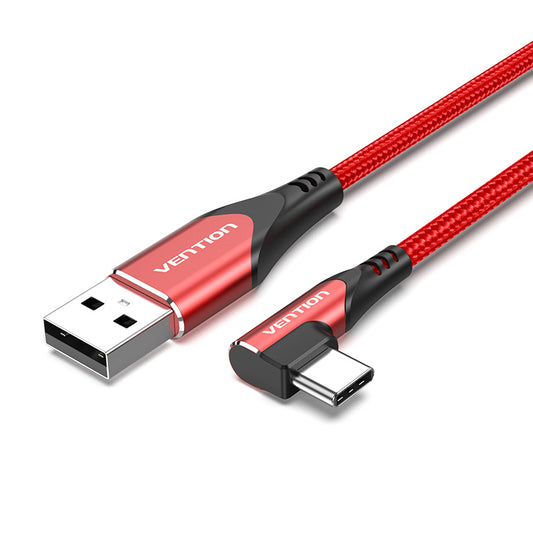 Vention Right Angle Type-C Male to USB 2.0-A Male Nickel Plated Red Braided 3A Fast Charging Cable with 480Mbps Transfer Speed for Smartphones (Available in 1M, 1.5M, 2M) | COER