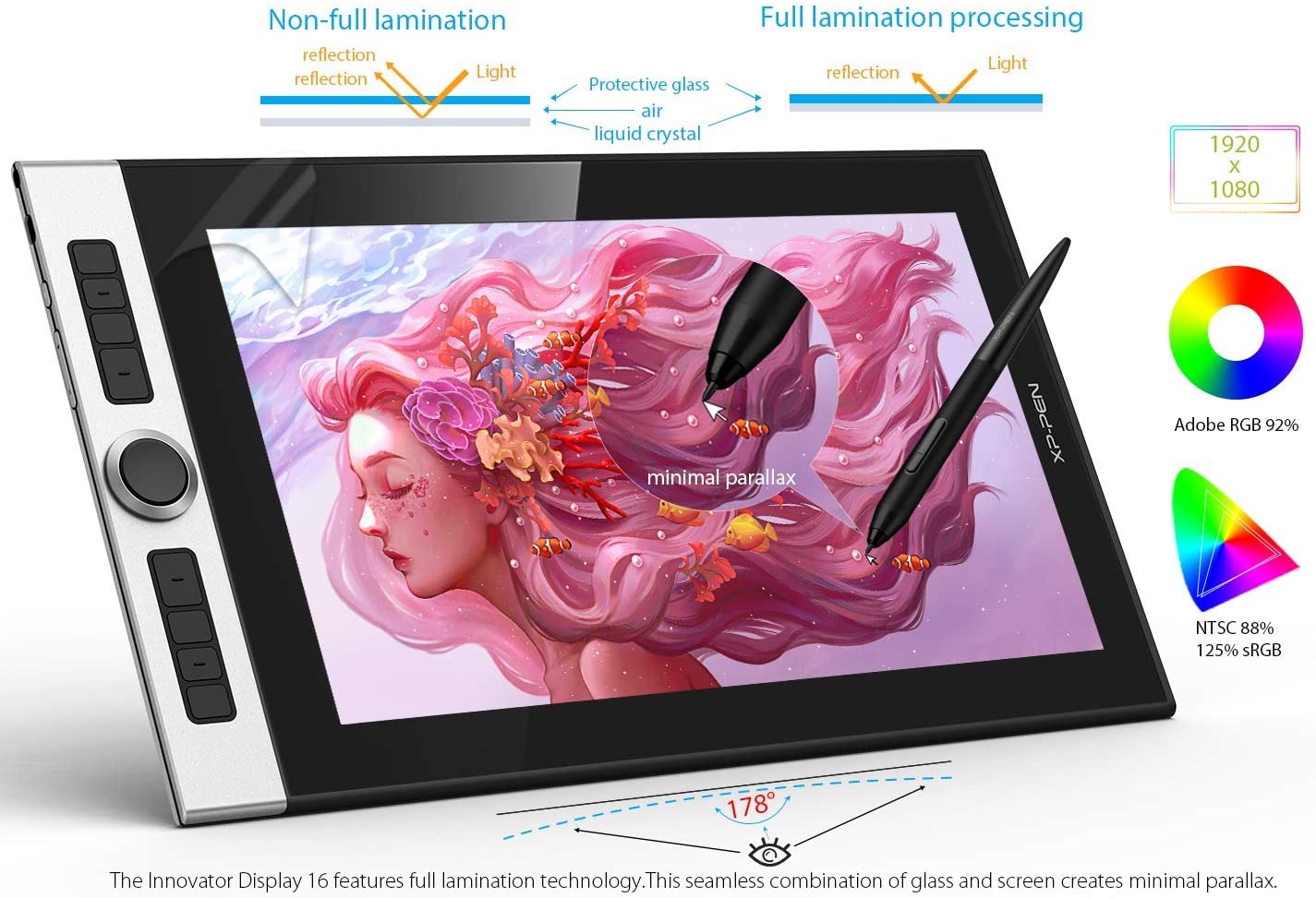 XP-Pen Innovator 16 Graphic Display Tablet with 8 Customizable Shortcut Keys, 60 Degrees Tilt Function, and 8192 Levels Pressure Sensitive PA5 Battery-Free Stylus for Digital Arts ID160-F ID160 F ID160F
