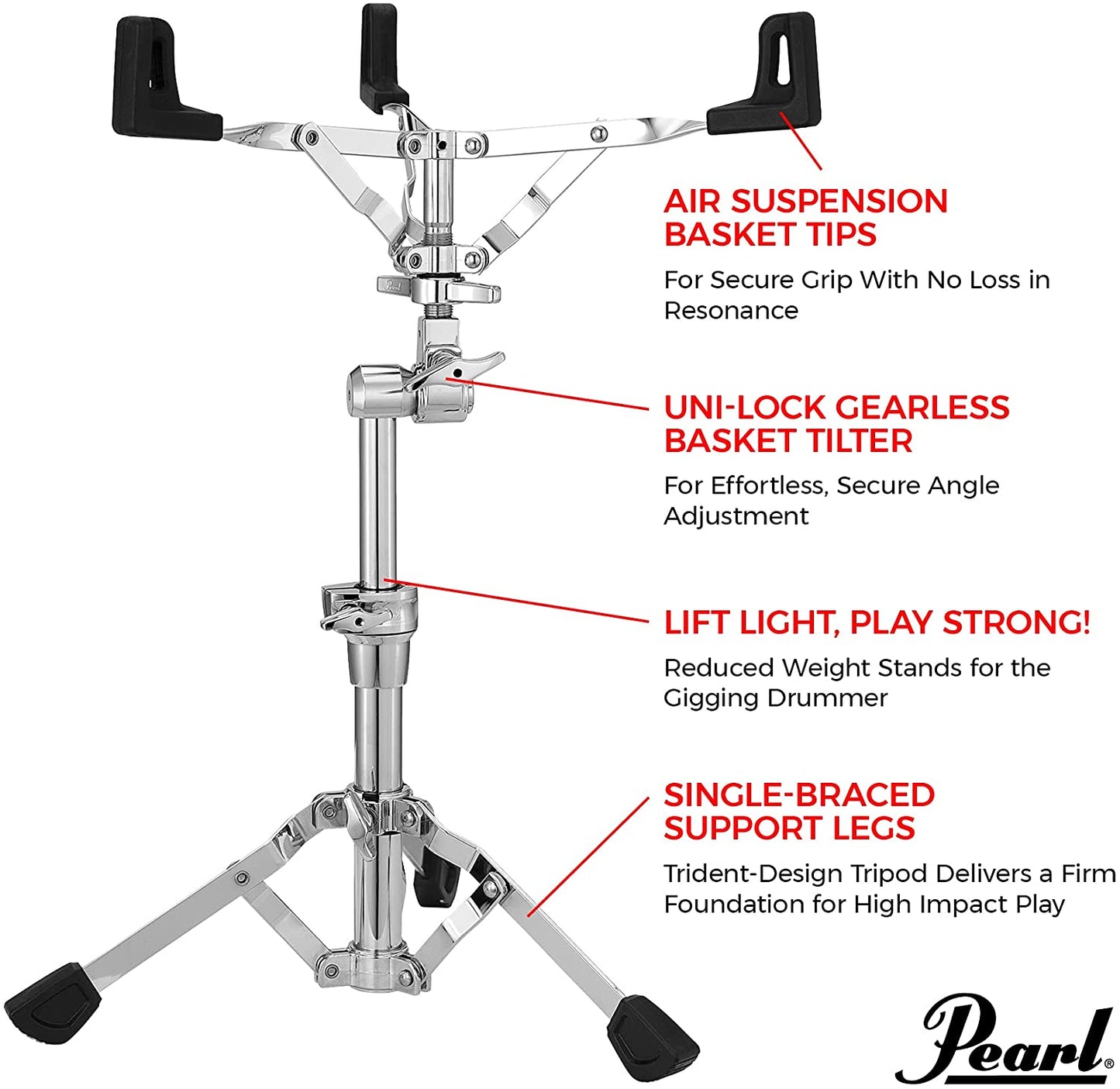 Pearl S930 Snare Drum Stand Adjustable with Double Braced Tripod Legs, Rubber Feet, Uni-Lock Tilter for 10 to 14 inch Drums Holder Basket