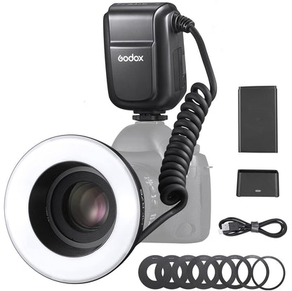 Godox MF-R76 Macro Ring Flash LED Dual-Flash Ring Light Speedlite with 8 Adapter Rings for DSLR Cameras