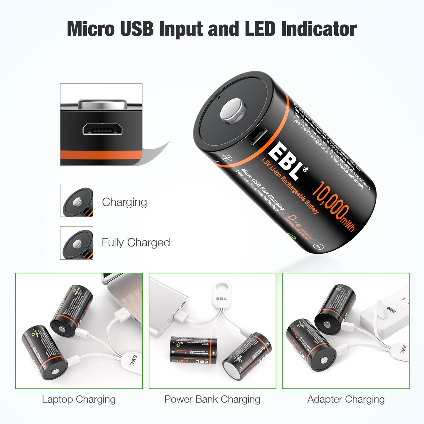 EBL TB-1448 1.5V Lithium-Ion Rechargeable Batteries with Micro USB Input 10000mWh