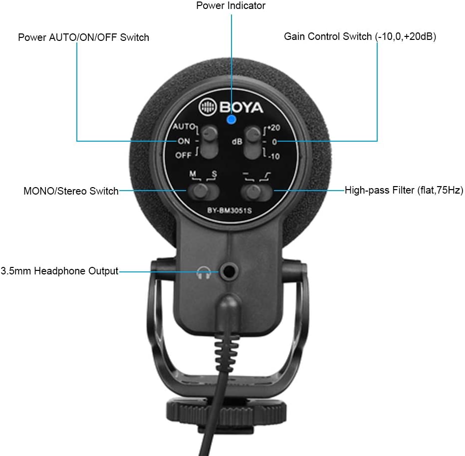 Boya BY-BM3051S Stereo Mono Condenser Shotgun Microphone Gain Control High-Pass Filter for DSLR Camera Camcorder Audio Recorder