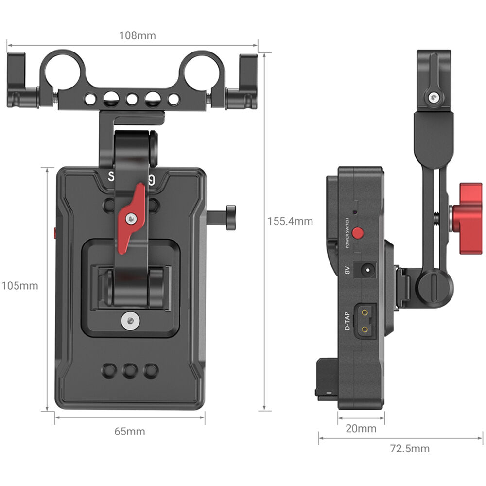 SmallRig V-Mount Battery Aluminum Adapter Plate with Dual-Rod Clamp and Extension Arm (3499)