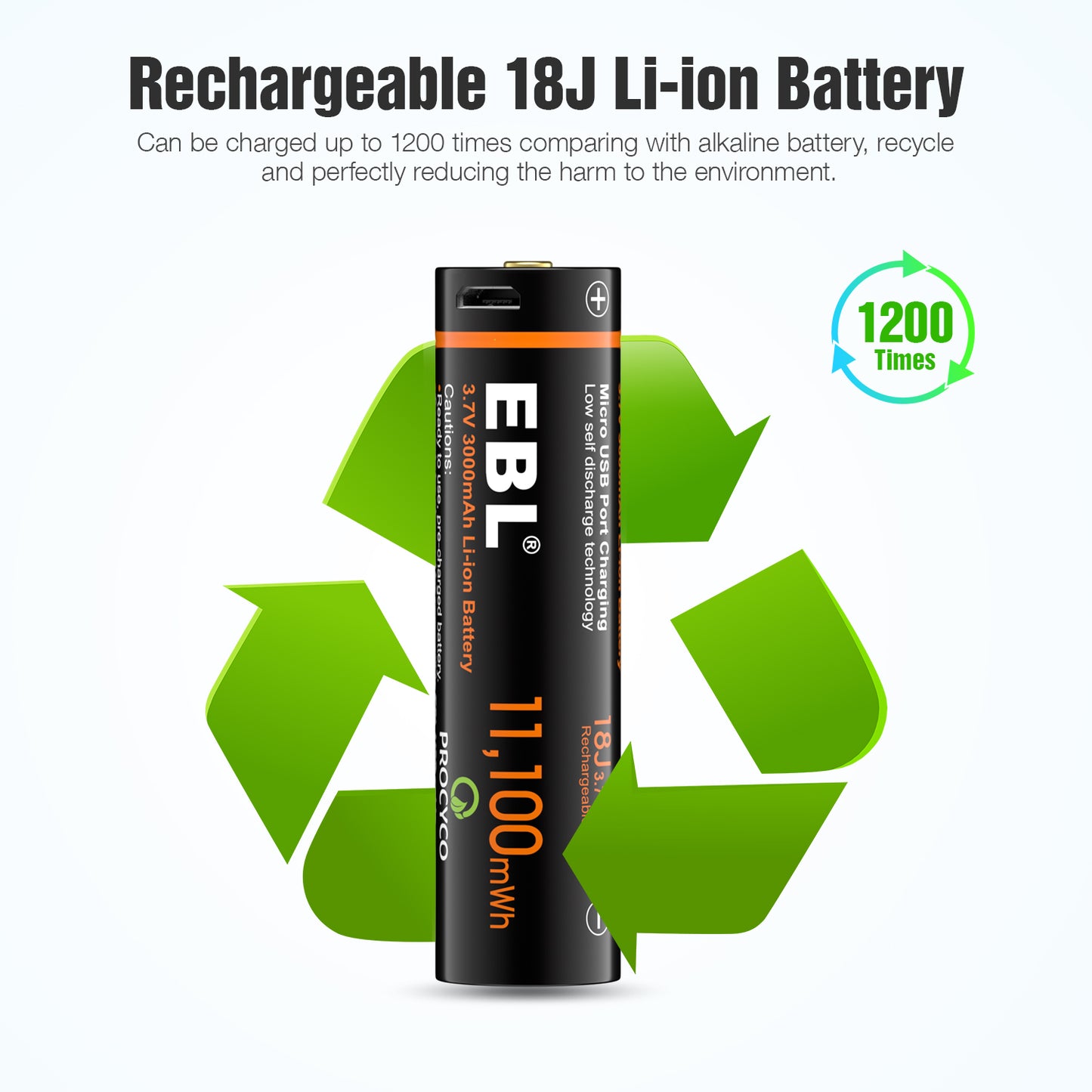 EBL TB-1446 3.7V 18650 3000mAh High-Performance Rechargeable Li-Ion Lithium Ion Battery with Built-In Micro USB Charging Port for Portable and Emergency Electronics