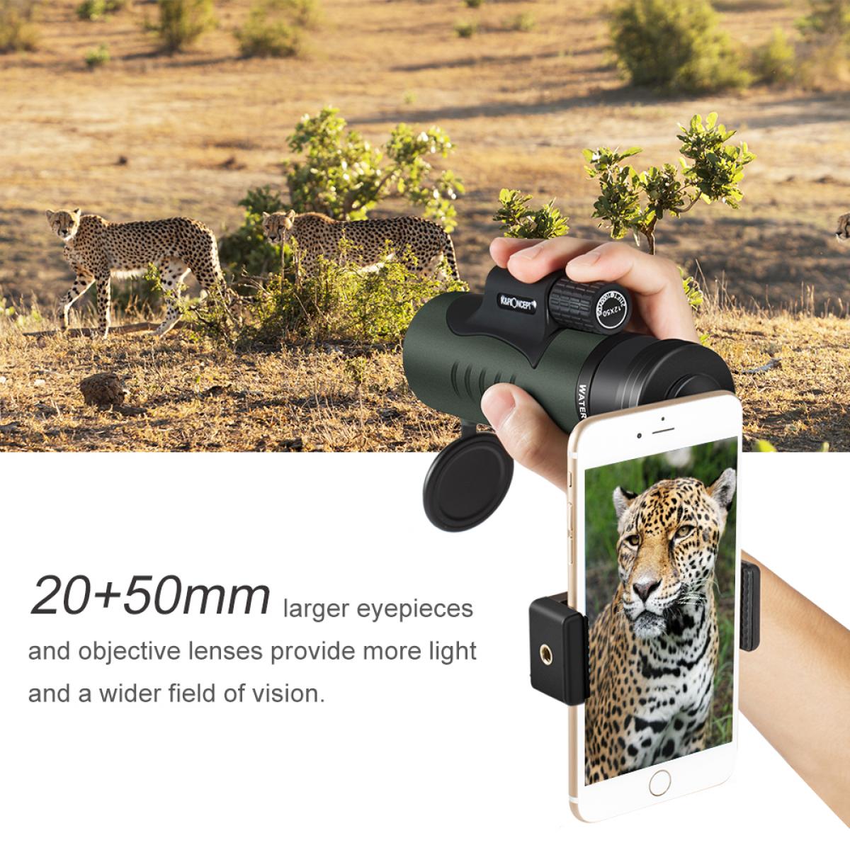 K&F Concept 12X50 Monocular Telescope with Smartphone Adapter, IP68 Waterproof, Anti-fog Bak-4 Prism Scope for Bird Watching, Hunting, Camping, Travelling, Wildlife