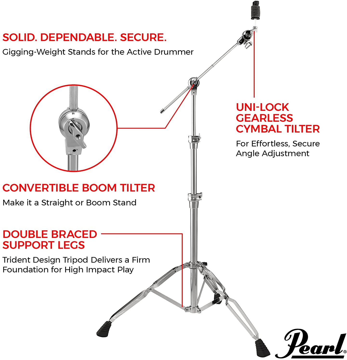 Pearl BC930 Heavy-Duty Cymbal Boom Stand with Double Braced Tripod Legs Die-Cast Joint Convertible Tilter