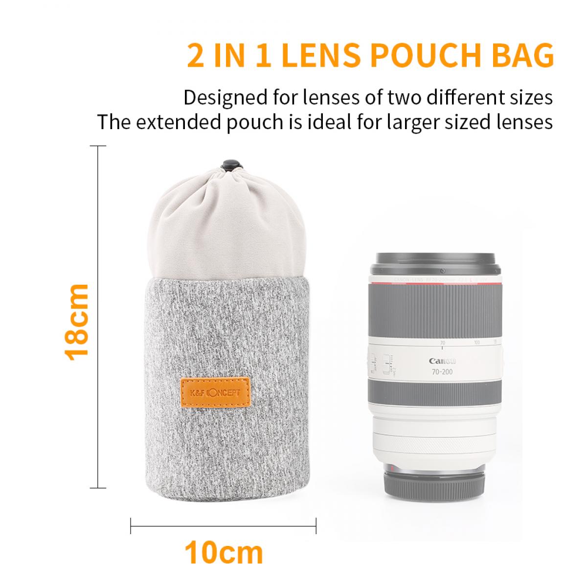 K&F Concept 2-in-1 Neoprene Camera Lens Pouch Bag Dust-Free Protective Carry Case with Sponge Mat for Short and Long Lenses (10x18cm)