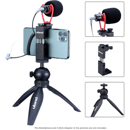 Ulanzi Smartphone Vlog Kit 3 VM-Q1 Microphone, ST-02S Phone Tripod Mount & MT-03 Mini Tripod for Livestream Streaming Youtube Video Recording Content