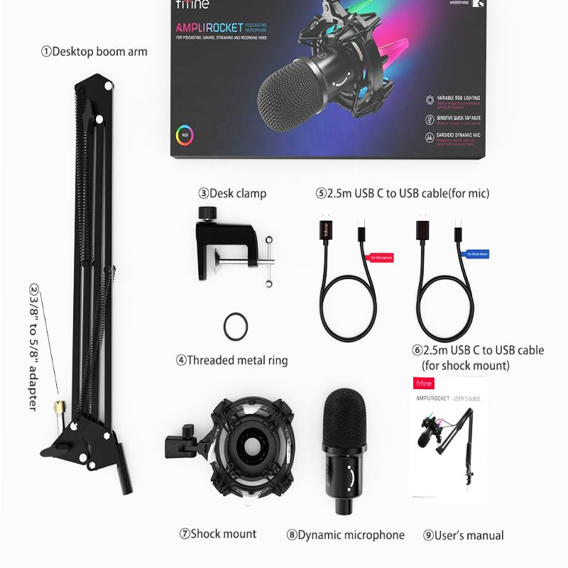 Fifine K651 USB Dynamic Cardioid Microphone Bundle with RGB Arm Shock Mount and Touch-Sensitive Button for Gaming, Recording, Live Streaming