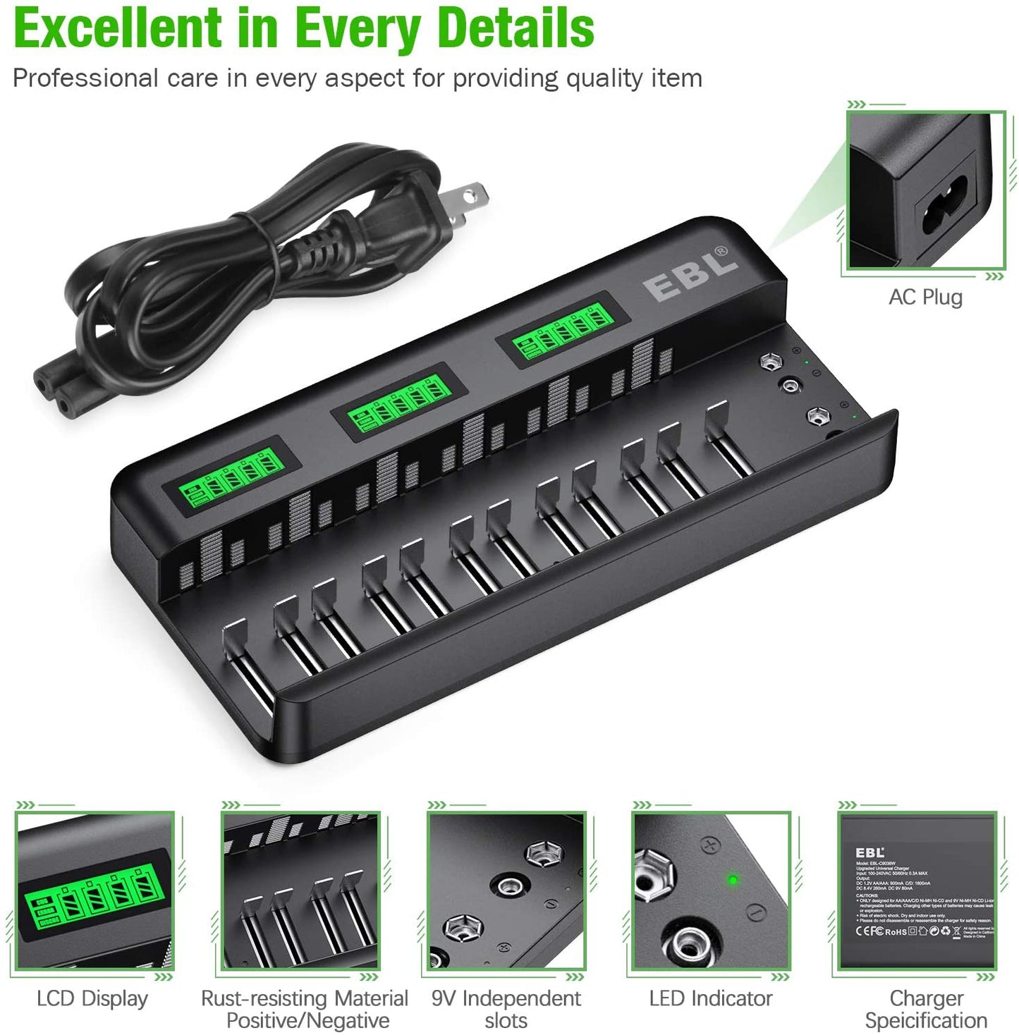 EBL TB-6036 12-Bay Multipurpose Smart Battery Charger with LCD Status Displays, Independently Controlled Charging Slots, 2 Additional 9V 6F22 Compatible Terminals for Ni-MH Ni-CD Rechargeable Batteries