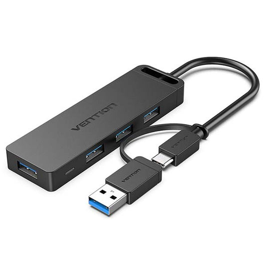 Vention 4-Port USB 3.0 Hub with USB-C & USB 3.0 2-in-1 Interface and Power Supply 5Gbps Tinned Copper Adapter (CHT)