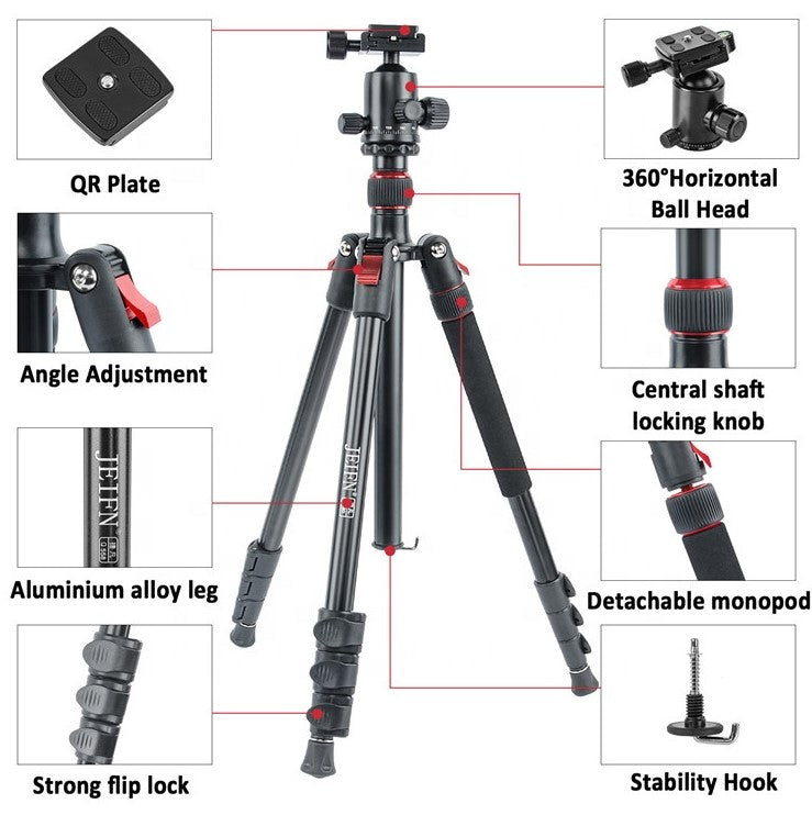 Jeifn by Zomei Q558 Professional Aluminum Foldable Camera Tripod with Detachable Monopod 6kg Load Capacity and 165cm Max Height for Photography