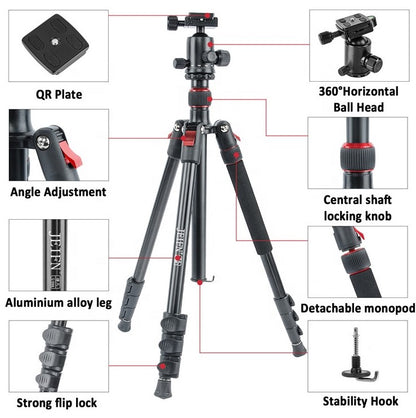 [CLEARANCE] Jeifn by Zomei Q558 Professiol Aluminum Foldable Camera Tripod with Detachable Monopod 6kg Load Capacity and 165cm Max Height for Photography