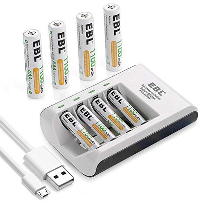 EBL 807 4-Bay AA and AAA Battery Charger with Built-In LED Charge Status Indicator Lights and 4pcs 1.2V AAA 1100mA Rechargeable NiMH Batteries for Portable and Emergency Electronics
