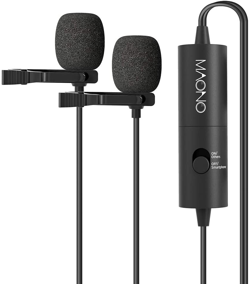 Maono AU-200 Dual Lavalier Microphones Hands Free Clip-on Lapel Mic with Omnidirectional Condenser for Camera,DSLR, Android, Smartphone, Tablet, Pad, PC, Laptop, Computer (236in/20ft)