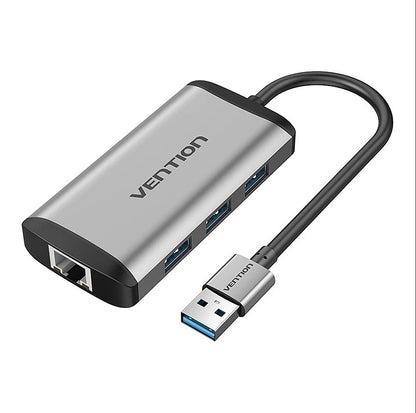 [CLEARANCE] Vention 3-Port USB 3.0 to USB 3.0X*3/Gigabit Ethernet Hub Adapter 5Gbps Tinned Copper (CKB) 0.1M Gray Metal Type