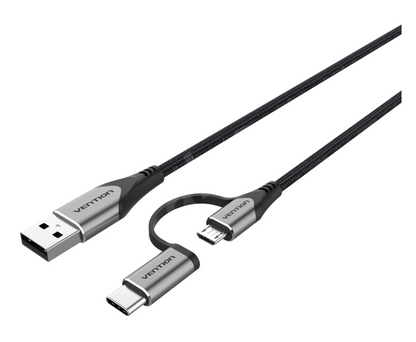 [CLEARANCE] Vention USB 2.0 A Male to 2-in-1 Micro-B & USB-C Male (CQE) 480Mbps Nylon Braided USB Cable for Smartphones and Chargers 0.5M Gray