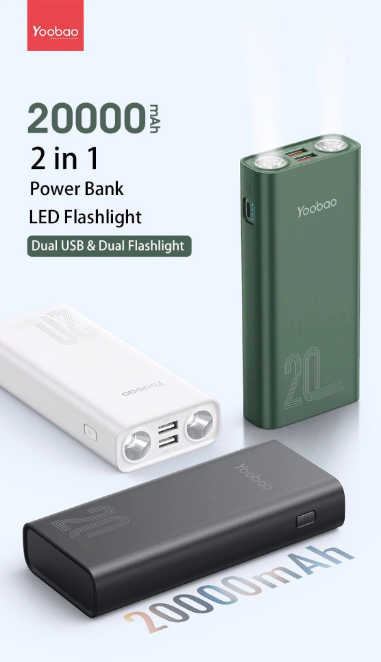 Yoobao L20Q 20000mAh  Powerbank with Dual USB Quick Charge USB Type C, and Dual LED Flashlight