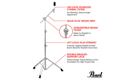 Pearl BC830 Double-Braced Cymbal Boom Stand with Gearless Uni-Lock Tilter 3-Section Stand Height Adjustable