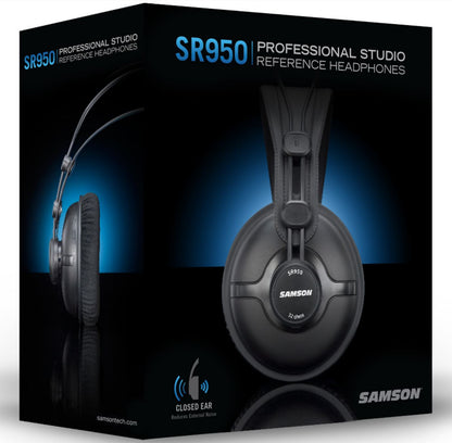 Samson SR950 Professional Studio Reference Headphones Closed-Ear Back Design with Neodymium Drivers Adjustable Headband Gold-Plated Adapter for Audio Engineering Mixing Playback