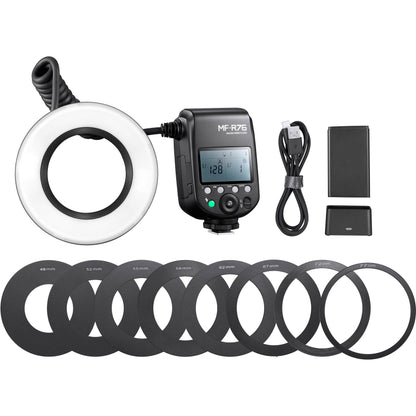 Godox MF-R76 Macro Ring Flash LED Dual-Flash Ring Light Speedlite with 8 Adapter Rings for DSLR Cameras