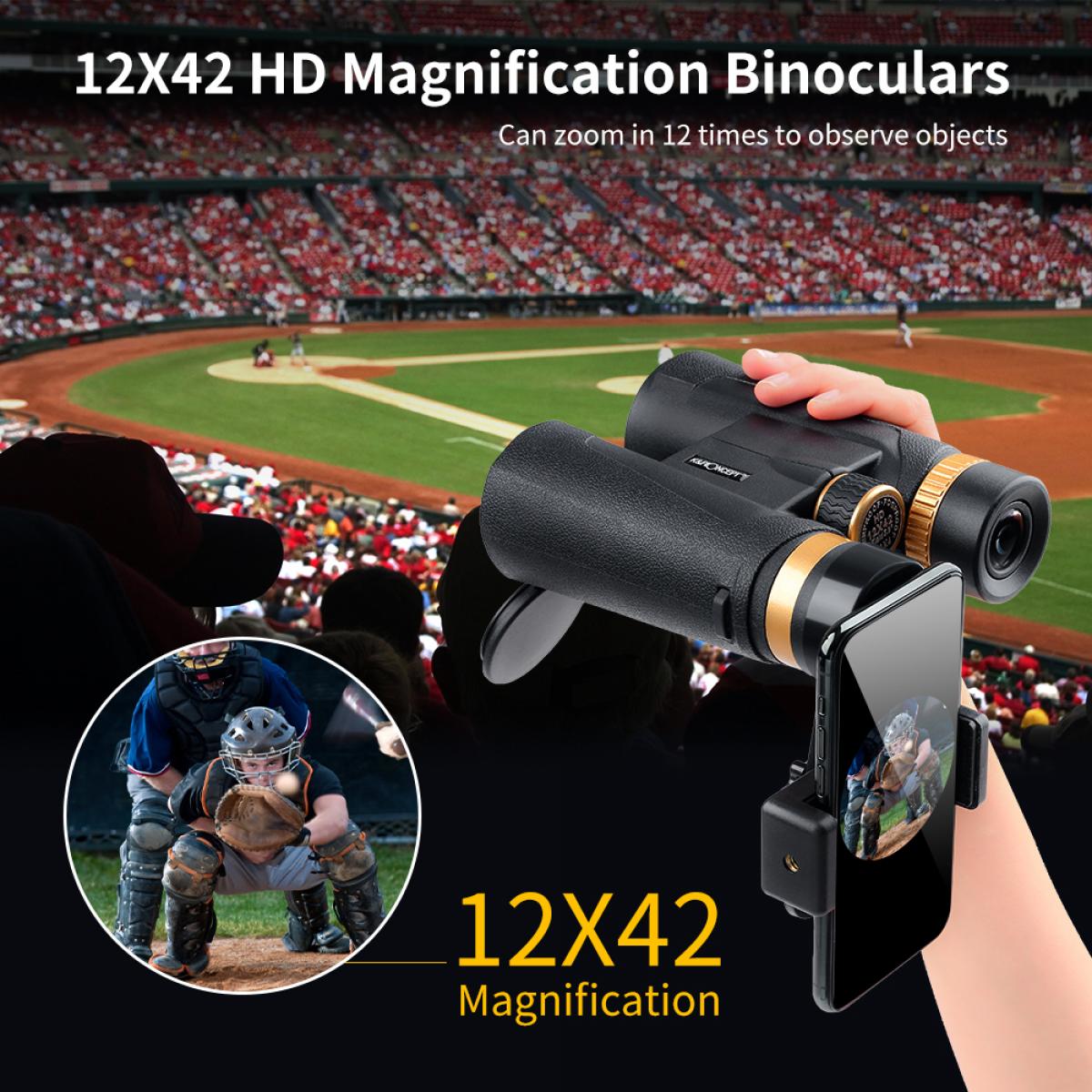 K&F Concept 12x42 Binoculars IP65 Waterproof Fogproof with 20mm Large View Eyepiece and Smartphone Holder for Phone Viewing