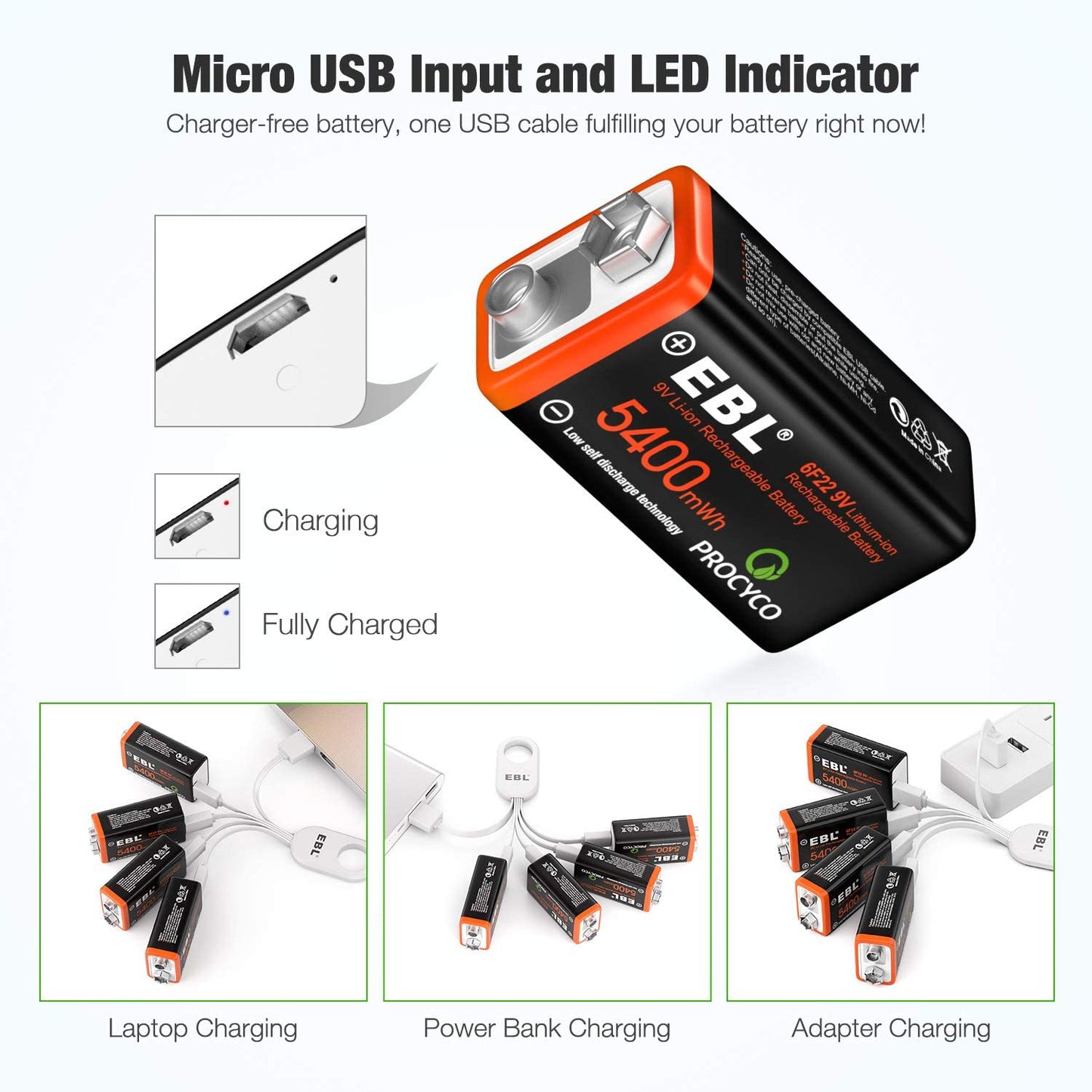 EBL EB-95004 EB95004 9V 6F22 Lithium-Ion Reachargeable Batteries with Micro USB Input