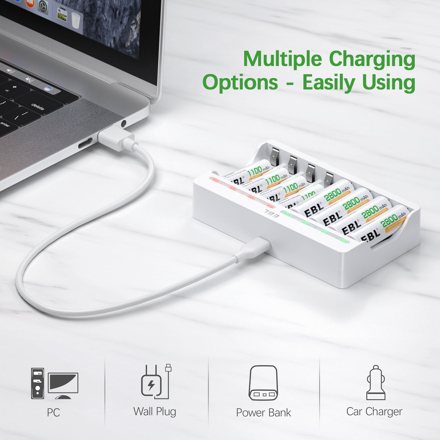 EBL TB-6901 C9010N 8-Bay iQuick Battery Charger with 2A Fast Charging Individually Controlled Slots, LED Status Indicator Lights, and Intelligent Overcharging Protection for AA AAA NiMH Rechargeable Batteries