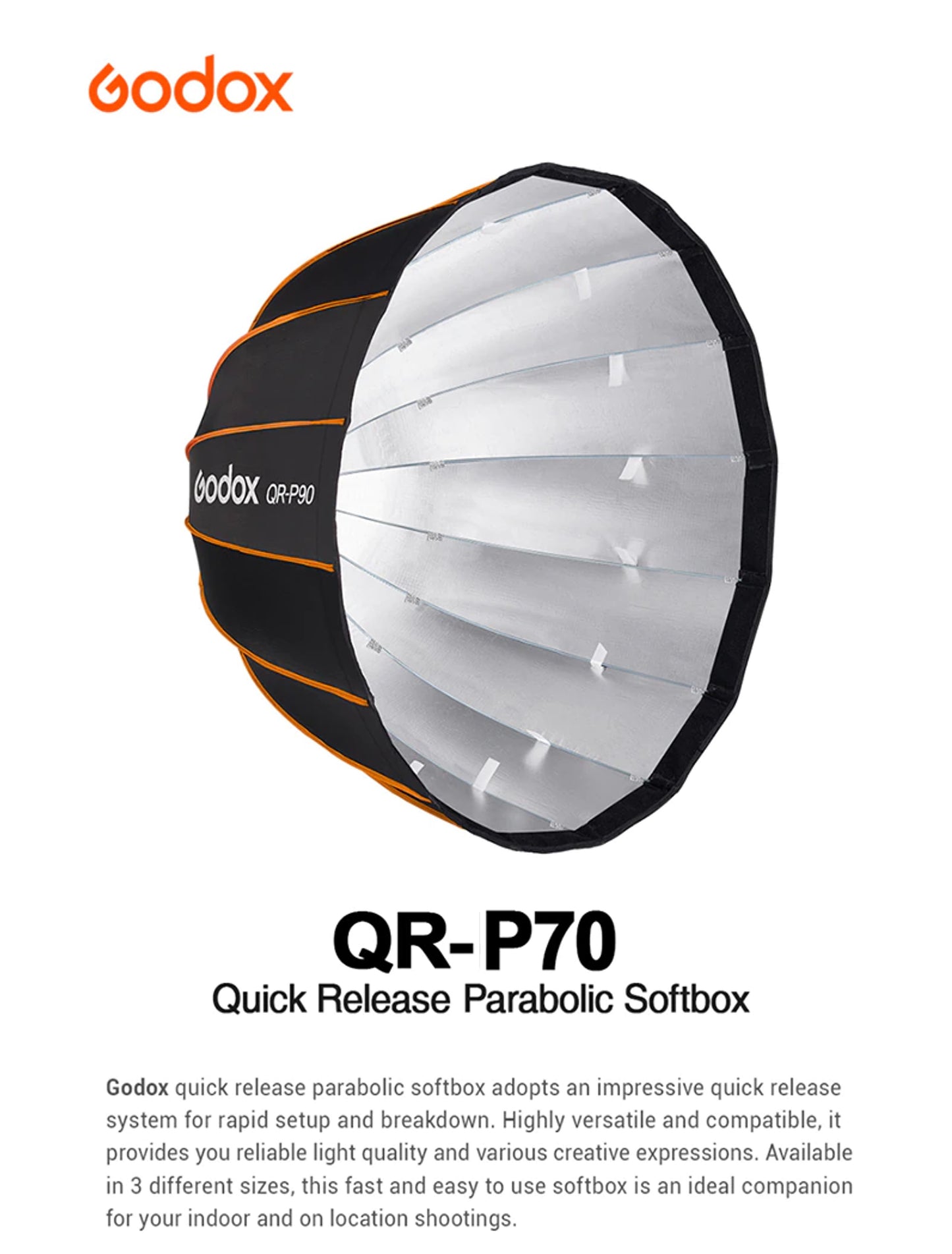 Godox QR-P70 70CM Deep Parabolic Quick Setup Bowens Mount Flash Speedlight Diffuser Reflector