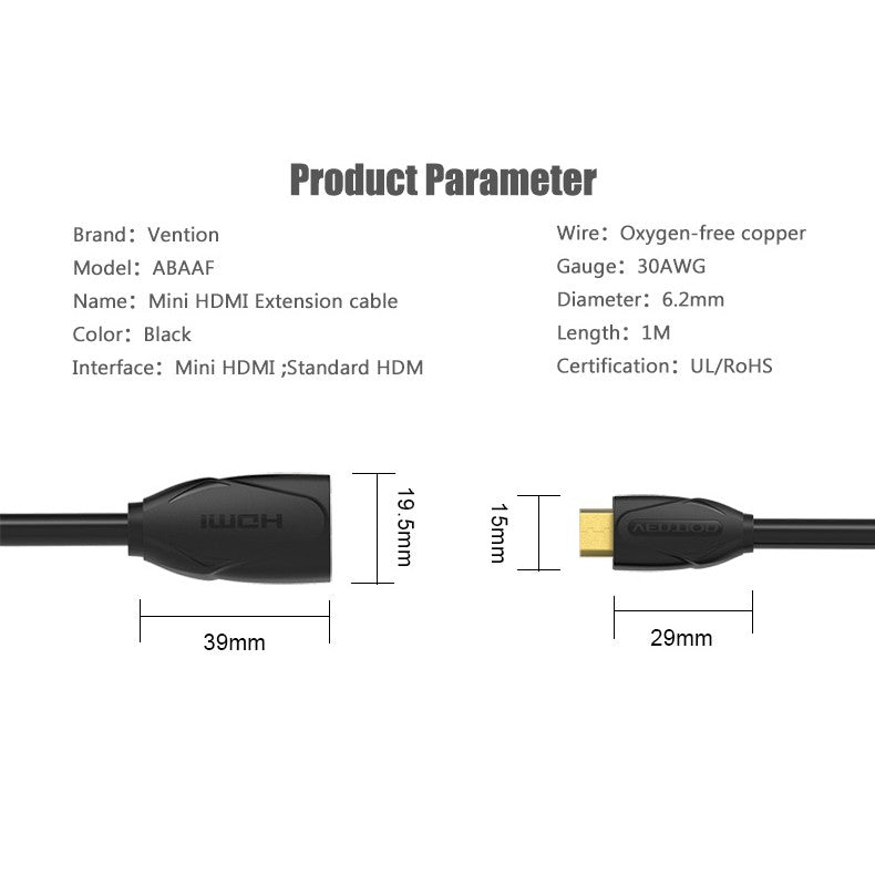 Vention HDMI 2.0 Extension Cable PVC (Mini Male to Female) 1080p/60Hz Video Cable with 96kHz/192kHz Digital Stereo Audio Transmission (ABAAF)