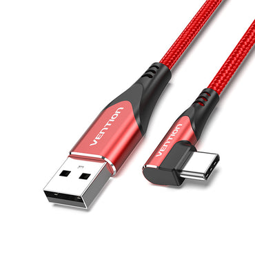 [CLEARANCE] Vention Right Angle Type-C Male to USB 2.0-A Male 2-Meters Nickel Plated Red Braided 3A Fast Charging Cable with 480Mbps Transfer Speed for Smartphones (COERH)