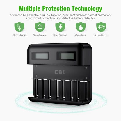 EBL TB-6431 8-Bay Universal Battery Charger with LCD Status Display, Independently Controlled Quick Charging Slots, and Built-In Overcharge Protection for AA AAA C D Rechargeable Batteries