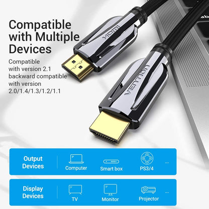 Vention HDMI 2.1 Cable PVC Cotton Mesh (Male to Male) 8KHD 60Hz Video Cable with Zinc Alloy Shell Casing Dynamic HDR Support (Different Lengths Available) (AAL)