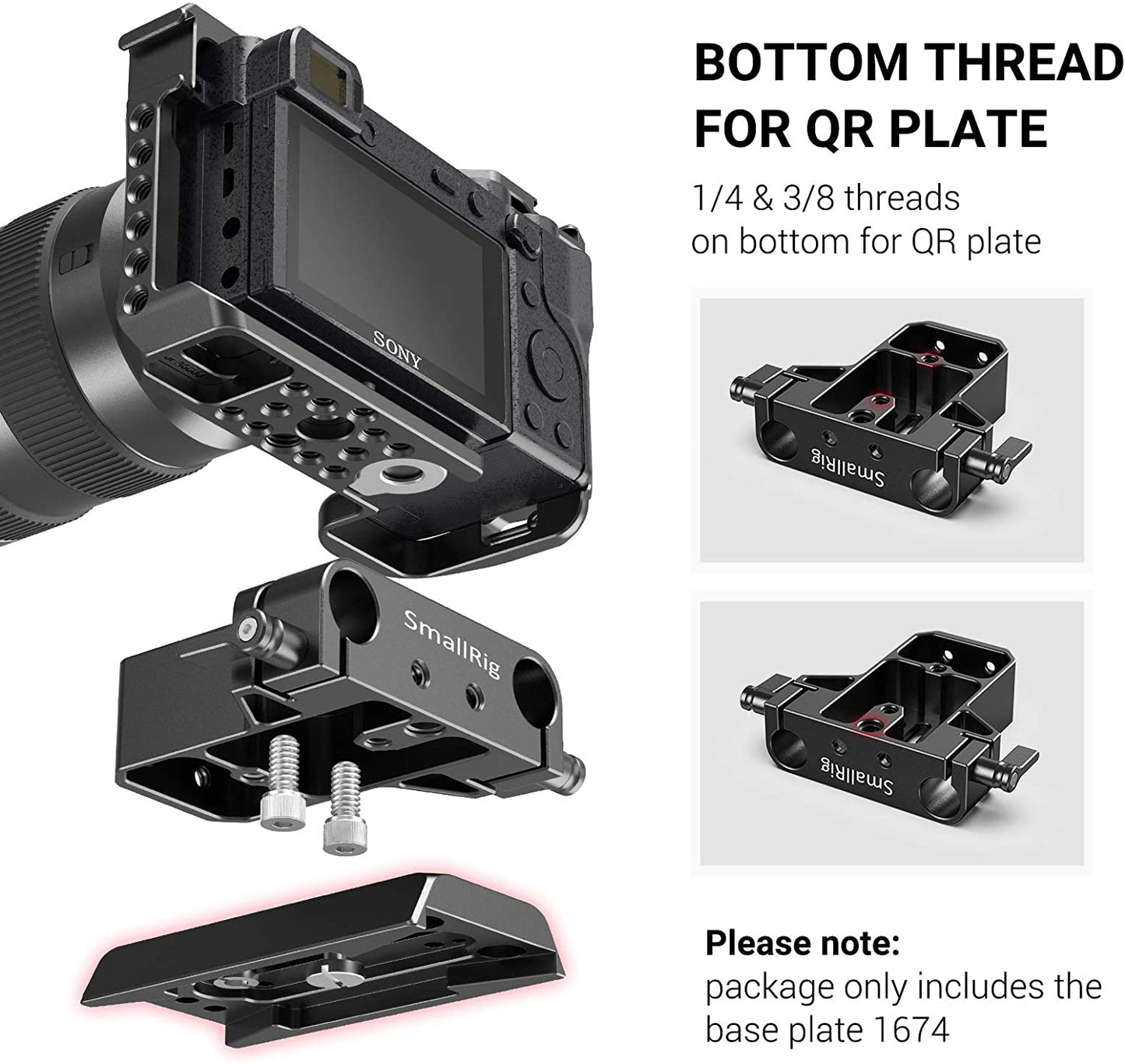 SmallRig Camera Base Plate with Dual 15mm Rod Rail Clamp for Camera and Cages - 1674