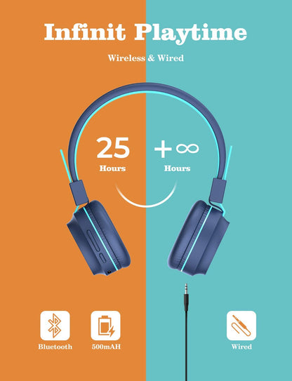 iClever BTH03 Kids Wireless Headphones Blue with Colorful LED Lights Bluetooth 5.0 Twistable Adjustable Foldable Headband 25hours Playtime