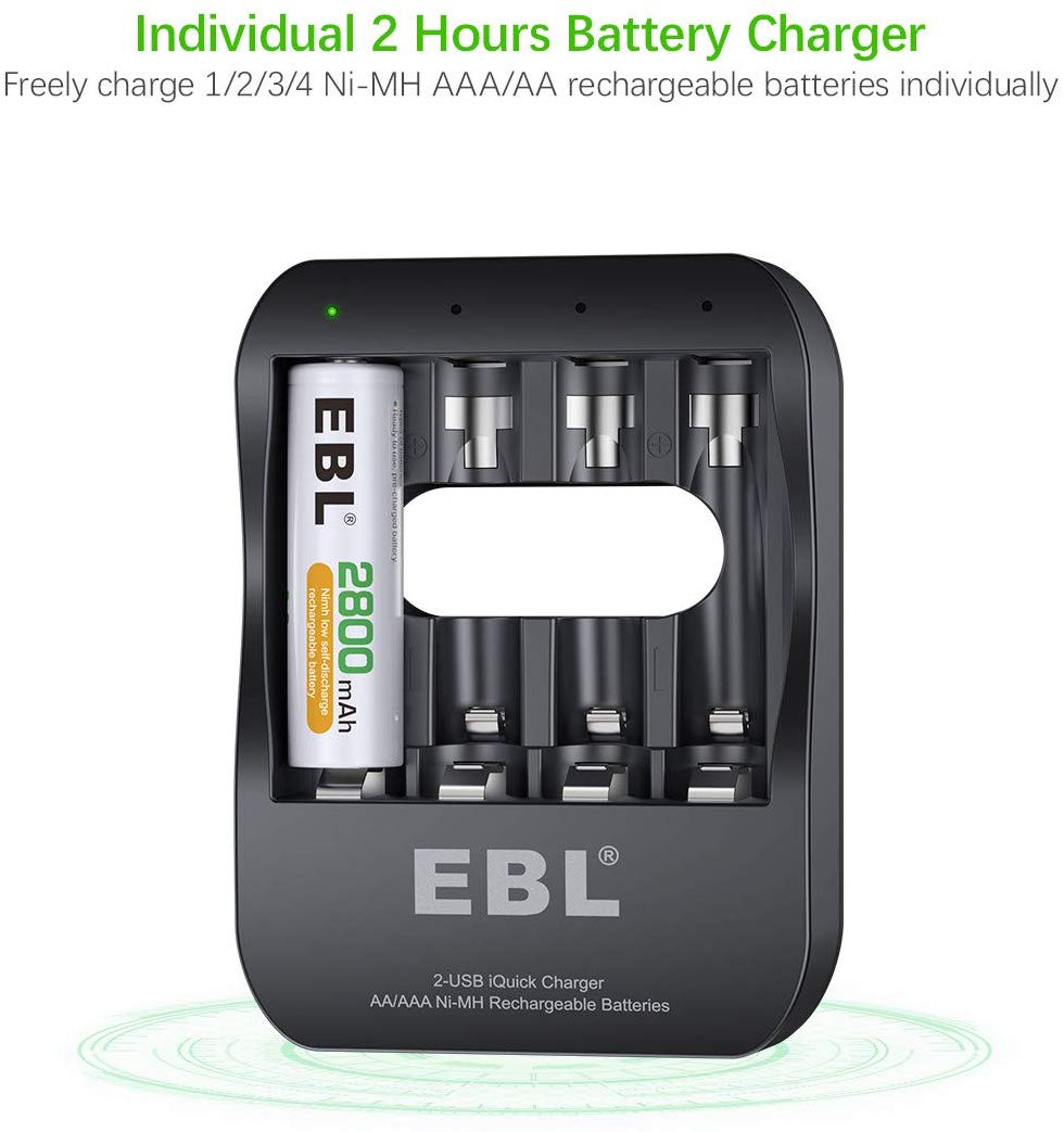 EBL LN-6201 4-Bay i-Quick Tech Smart Battery Charger with 2-Hour Fast Charging, USB-C and Micro USB Input, and Built-In LED Status Indicators for AA and AAA Ni-MH Batteries