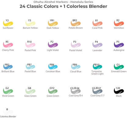 Ohuhu Honolulu Series Alcohol Based 24 Basic Colors plus Colorless Blender Dual Tipped Art Markers for Coloring and Sketching for Kids and Adults (Brush and Chisel) Y30-80400-80