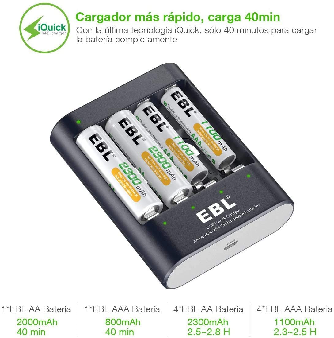 EBL LN-6454 iQuick Fast Charging Battery Charger with Built in Overcharging Protection, LED Status Indicator Lights, and Micro USB Input Port for AA and AAA Rechargeable Batteries