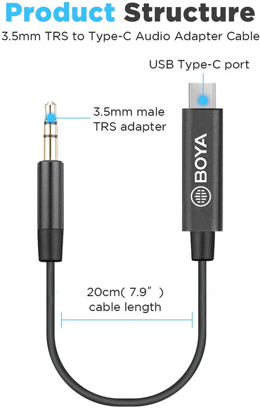 [CLEARANCE] Boya BY-K2 3.5mm TRS (Male) to USB Type-C (Male) 20cm Audio Adapter Cable for Android Devices