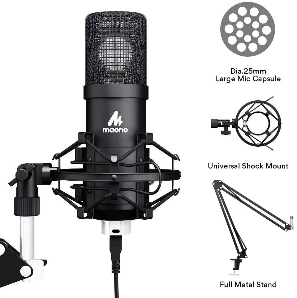 Maono Plug and Play USB Large Diaphragm Condenser Microphone Kit with Boom Arm Stand for Voice, Video, Podcasting, Gaming and Recording | AU-A425 A425