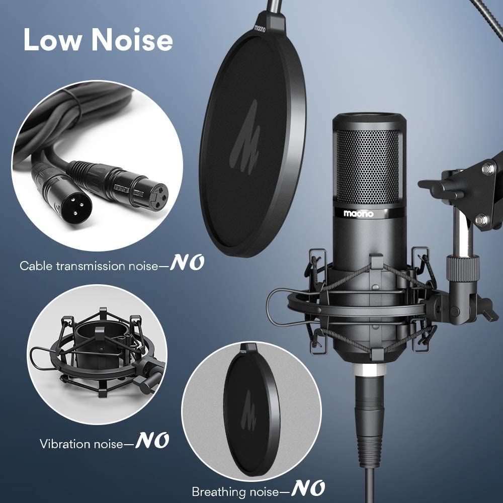 MAONO AU-PM320S PM320S Cardioid High Sensitivity Low Noise XLR Condenser Microphone Kit with Boom Arm Stand for Vocal Studio Recording, Podcasting, Gaming and Chatting