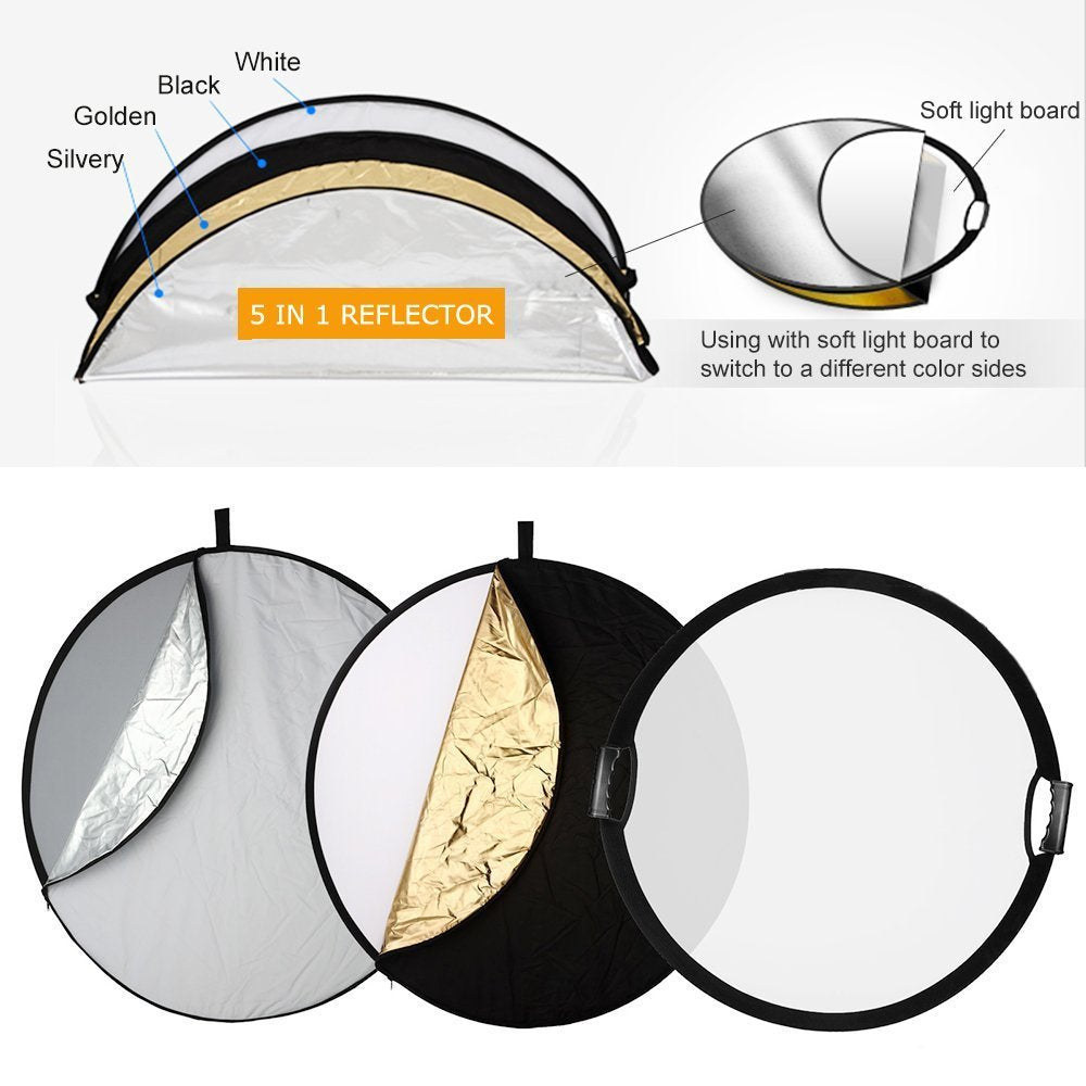 Pxel RF-6X6 5 in 1 24inch / 60cm Round Reflector with Grip Handle for Photography Photo Studio Lighting & Outdoor Lighting