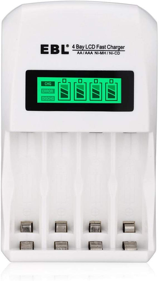 EBL LN-6907 4-Bay Smart Battery Charger with LCD Indicator Screen, Individually Controlled Quick Charging Slots, and Intelligent Overcurrent Protection for AA AAA Ni-MH Ni-CD Rechargeable Batteries