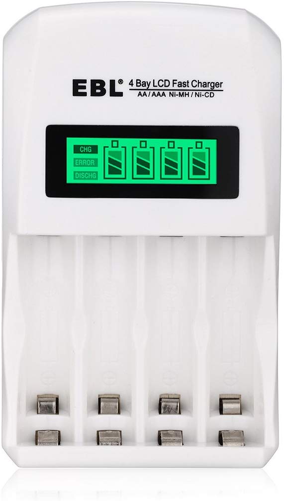 EBL LN-6907 4-Bay Smart Battery Charger with LCD Indicator Screen, Individually Controlled Quick Charging Slots, and Intelligent Overcurrent Protection (includes 4-Pack AA Ni-MH Rechargeable Batteries)