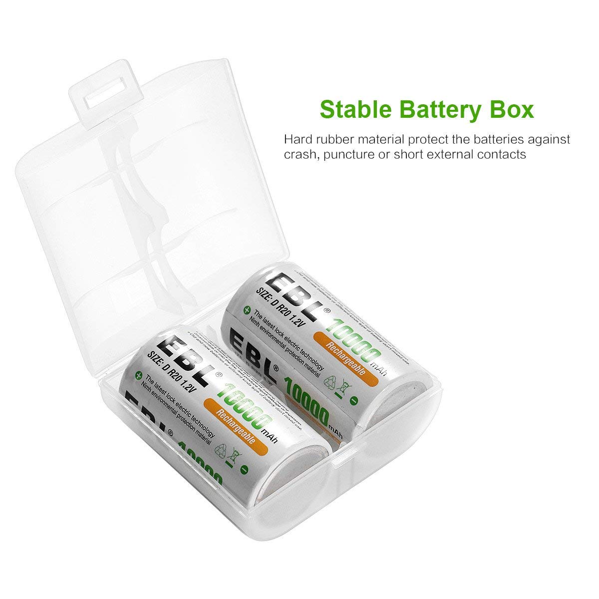 EBL D Size Rechargeable Batteries D Cell 10000mah NiMH Battery, 2 Counts with Case